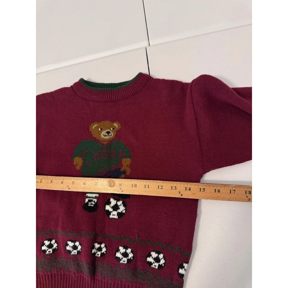 Vintage USA Soccer Bear Knit Sweater Burgundy Maroon Crewneck Kids u3